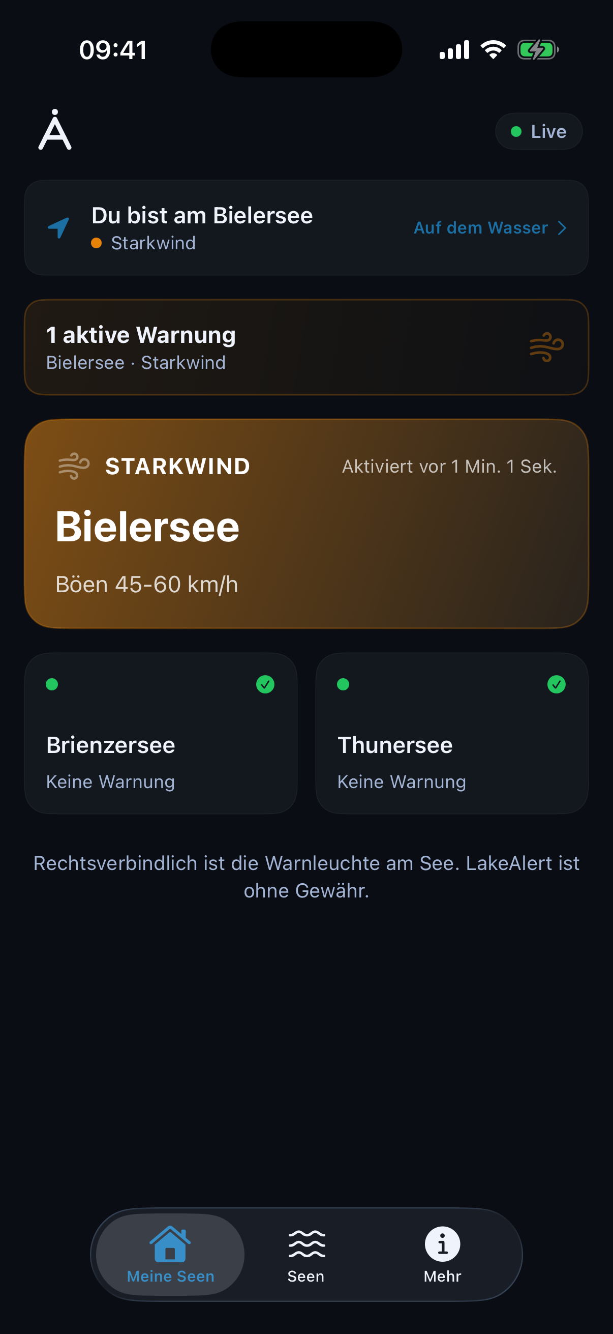 LakeAlert App · Dashboard mit aktiver Starkwind-Warnung