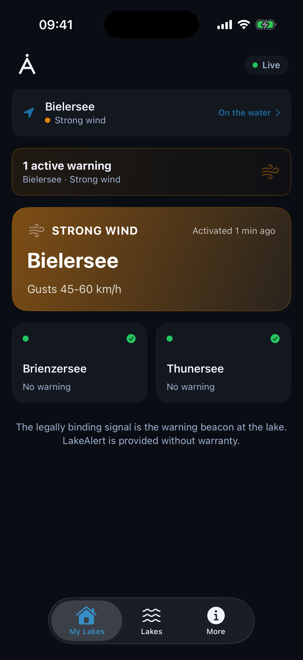 LakeAlert app · Dashboard with active strong-wind warning