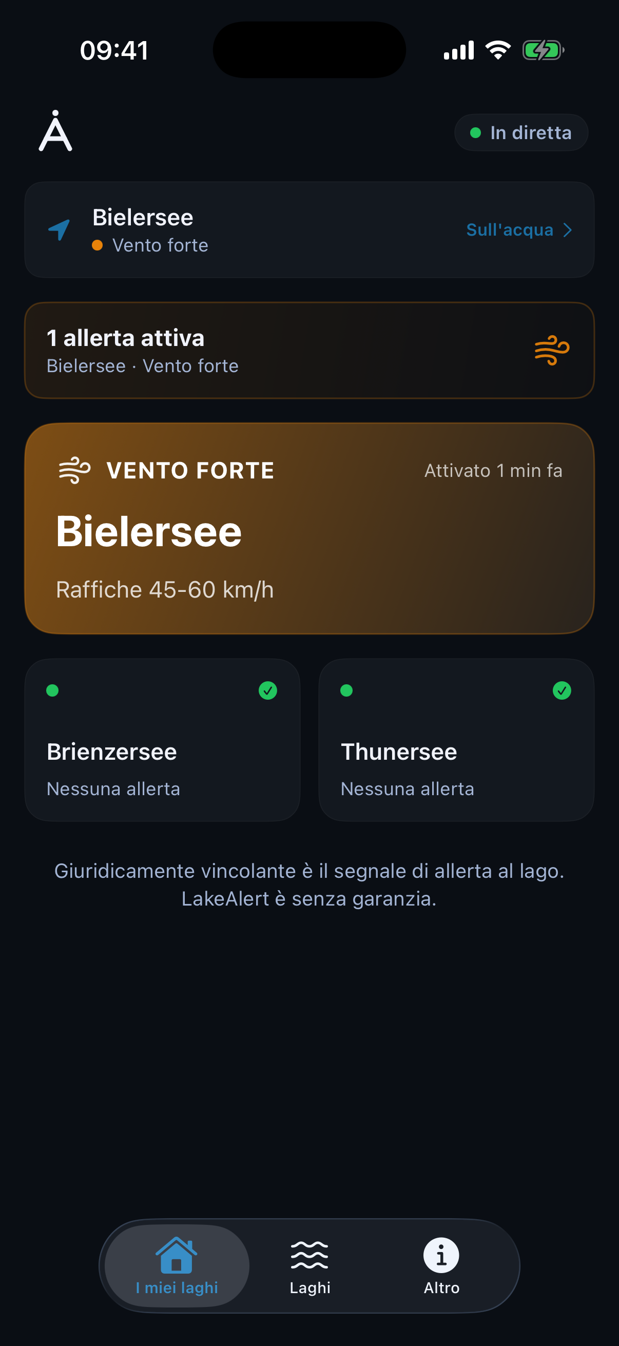 App LakeAlert · Dashboard con allerta vento forte attiva